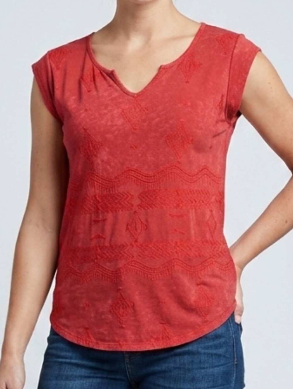 Cable & Gauge Custom Bleached Upcycled Red Textured Cap-Sleeve Top